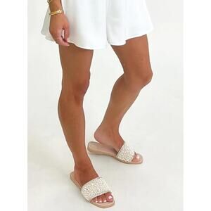 NEW Bamboo Pearl and Rhinestone Embellished Flat Sandals